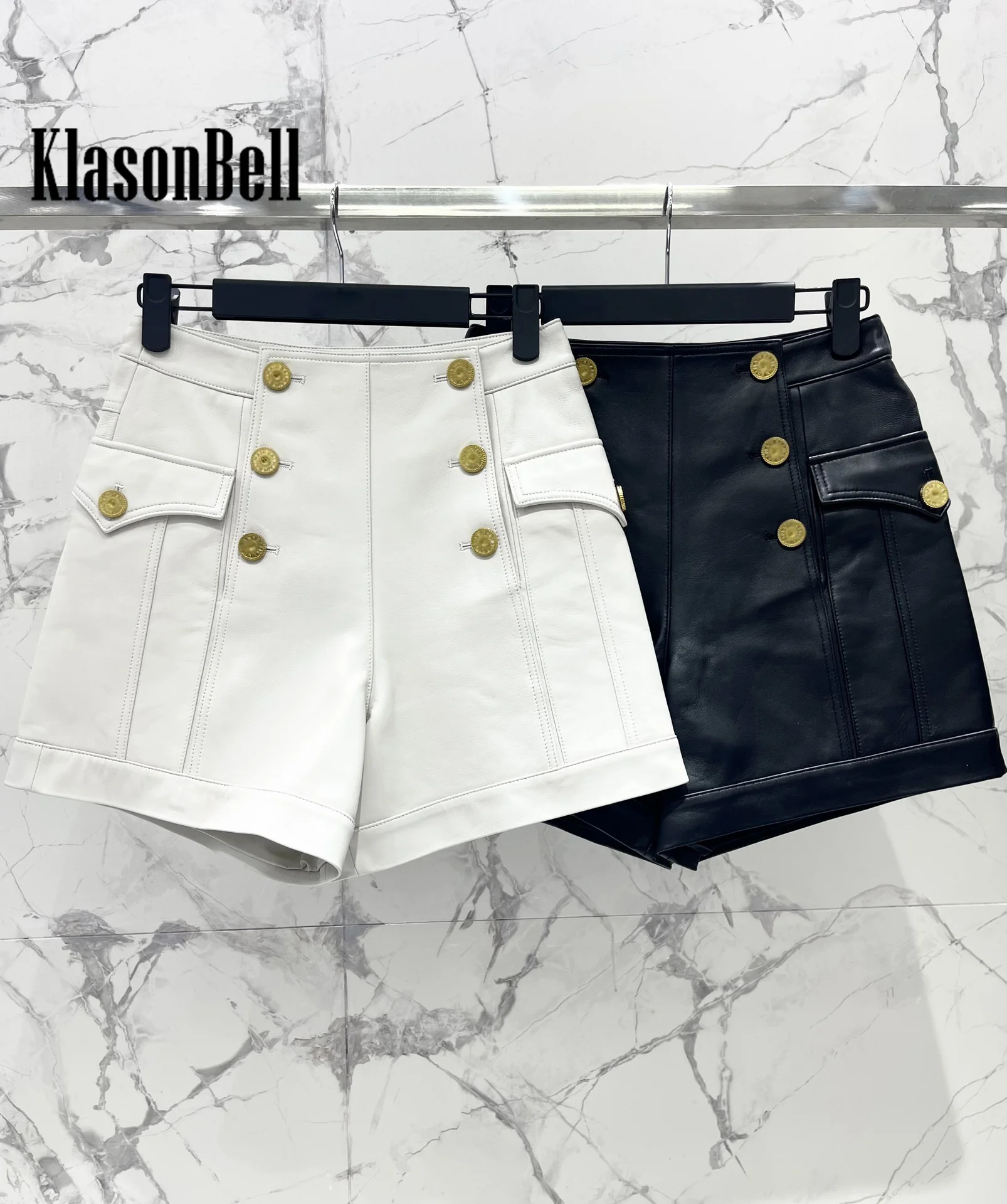 8.6 KlasonBell Women\'s Classic Double Breasted Gold Button Pocket Decoration Sheepskin Shorts High Waist Versatile Shorts