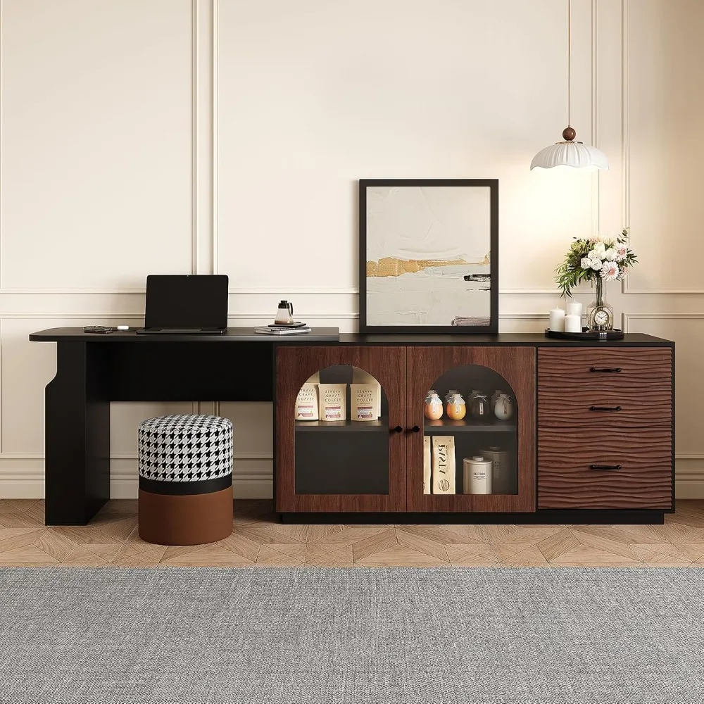 قابل للسحب على شكل حرف L 90 ° مكتب دوار (65.75 بوصة - 4.48 بوصة قابل للتعديل)، 3 أدراج وأقدام جانبية للتخزين، باب خزانة زجاجي مقوس #1