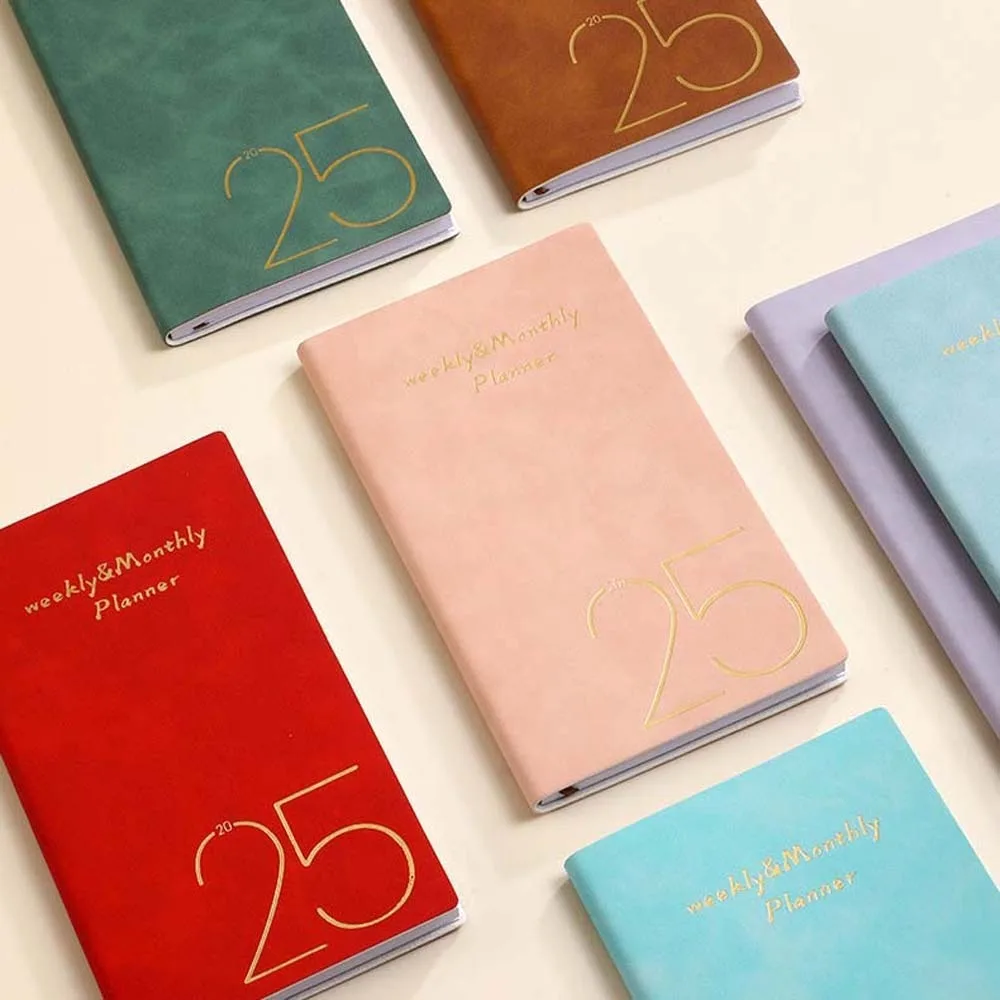 Solid Color 2025 Planner Notebook 365 Days Time Organizer A6 Planner Notepad PU Textured Efficiency 2025 English Agenda Book