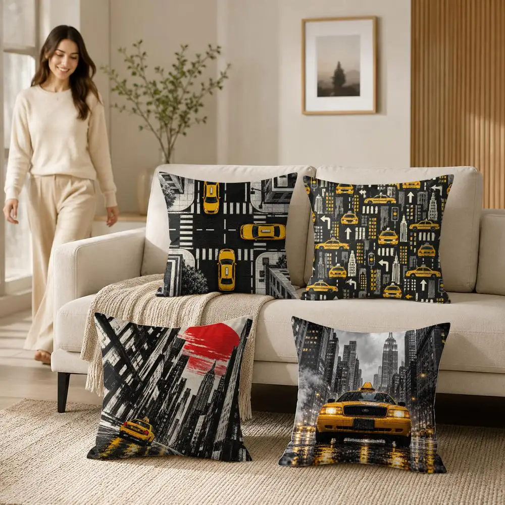 Yellow Taxi Art Cushion Cover 1/4Pcs Soft Plush Throw Pillow Cover Double-Sided Print Sofa Living Room Decor