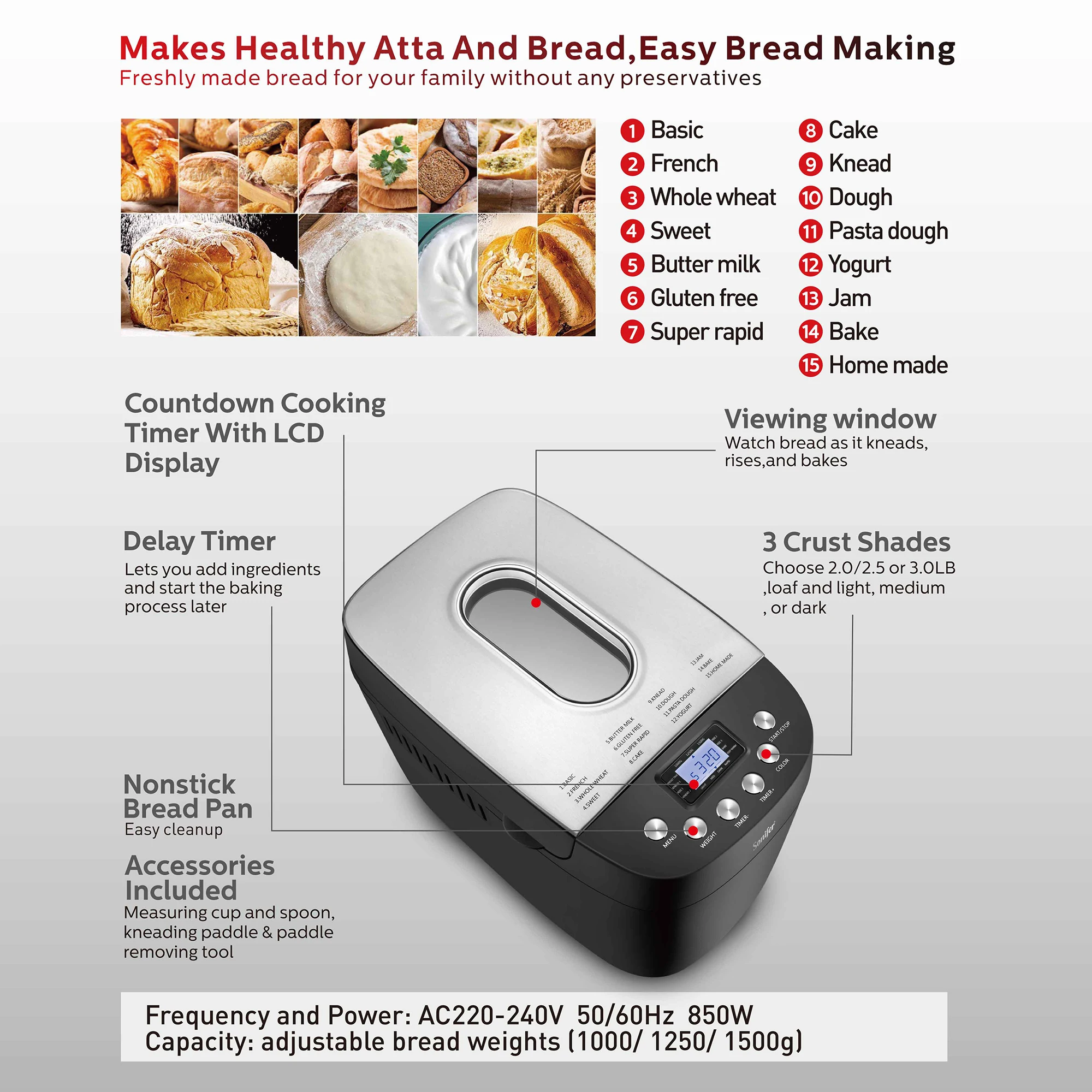 1.5kg Automatic Bread Machine 850w Programmable Bread Maker 15-hour Pre-set Timer Control Panel With Lcd Display Sonifer