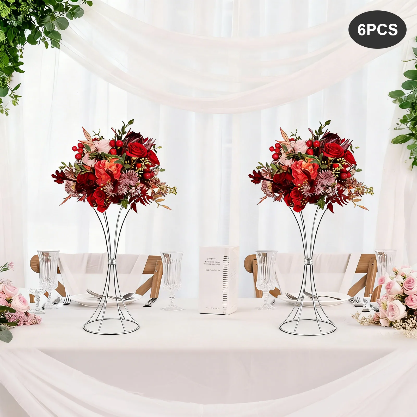 

6Pcs Silver Electroplated Iron Flower Stands 7.87×19.69In Freestanding Round Base Wedding Floral Display Holder For Decoration