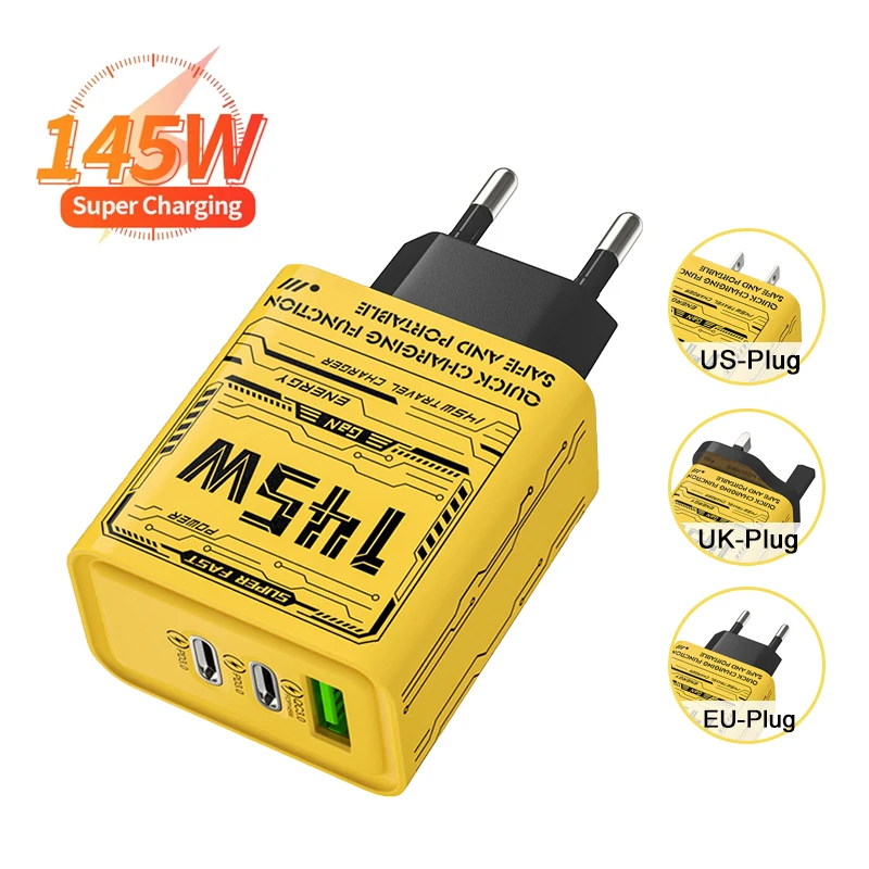 145W 3-Port Type-C USB GaN Phone Charger For Iphone Huawei Xiaomi EU/US/UK PD Plug Fast Charging Travel Cellphone Power Adapter