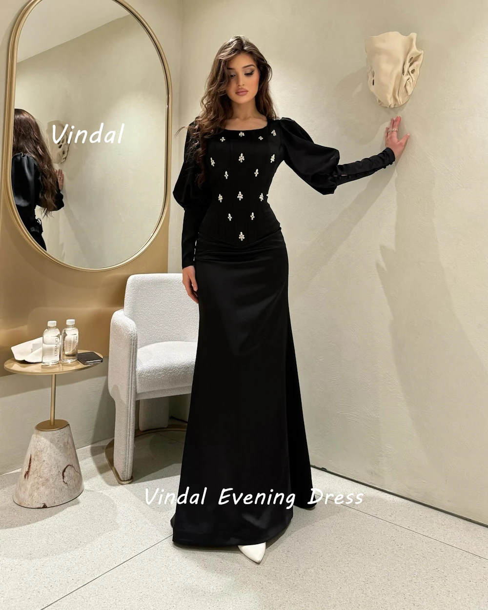 Vindal Ankle length Square Neckline luxurious A-Line Beaded Crepe Breast Padding Elegant  Long Sleeves السعود For Woman 2024