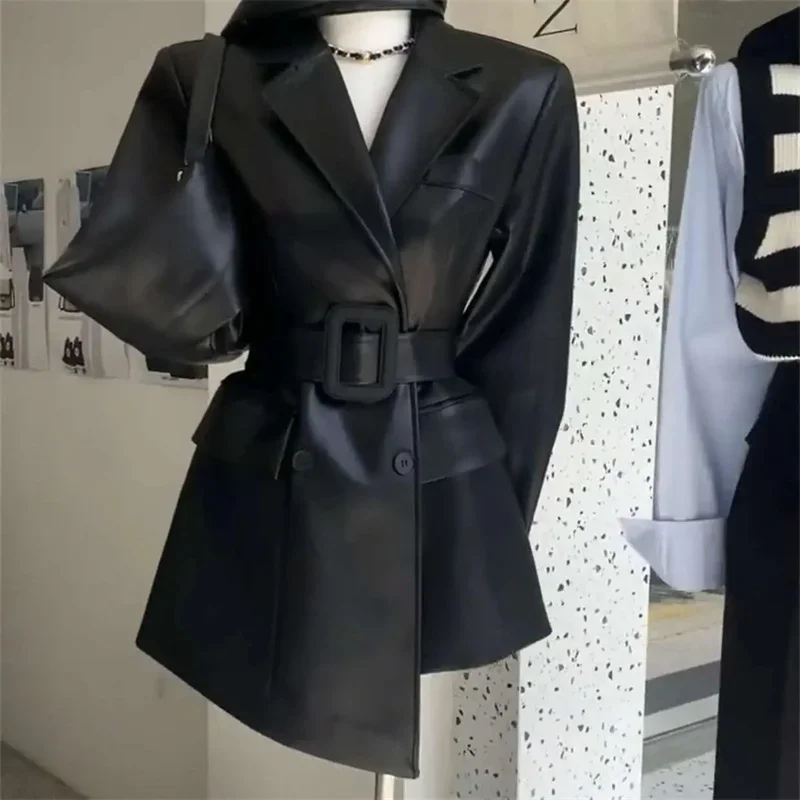 Kaffee Farbe Blazer Retro Schöne PU Leder Jacke frauen Herbst High-End-Gefühl Taille Cinching Anzug Jacke trendy JJ434