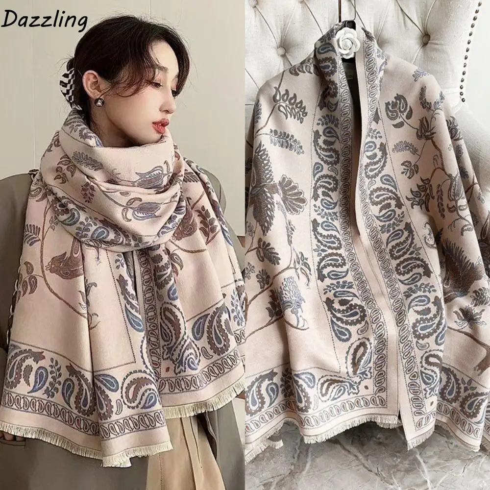 

Simple Bird Printed Scarf Flower Imitation Cashmere Cashmere Tassel Scarves Thick Blanket Warm Large Shawl Women/Men