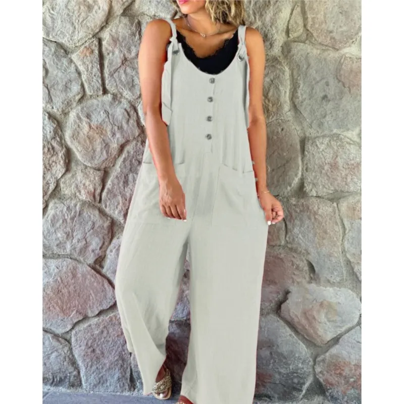 Elegant Solid Color Sleeveless Jumpsuit For Women Wide Leg Overalls Loose Commuting Style Sleeveless Trousers Woman Clothing New