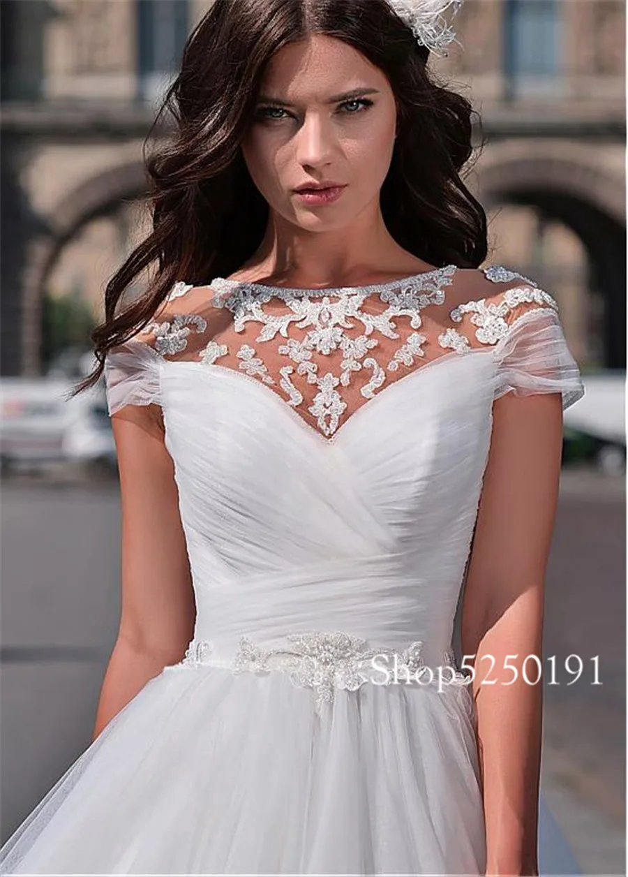 Wonderful Tulle A-line Wedding Dresses Ruched Tulle Short Sleeves Bridal Dress Lace Up Back  vestido de novia princesa