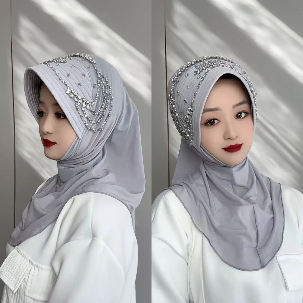 New Muslim Star Tao yarn fabric handmade convenient scarf with pull-on sponge hat brim and hand-sewn rhinestones