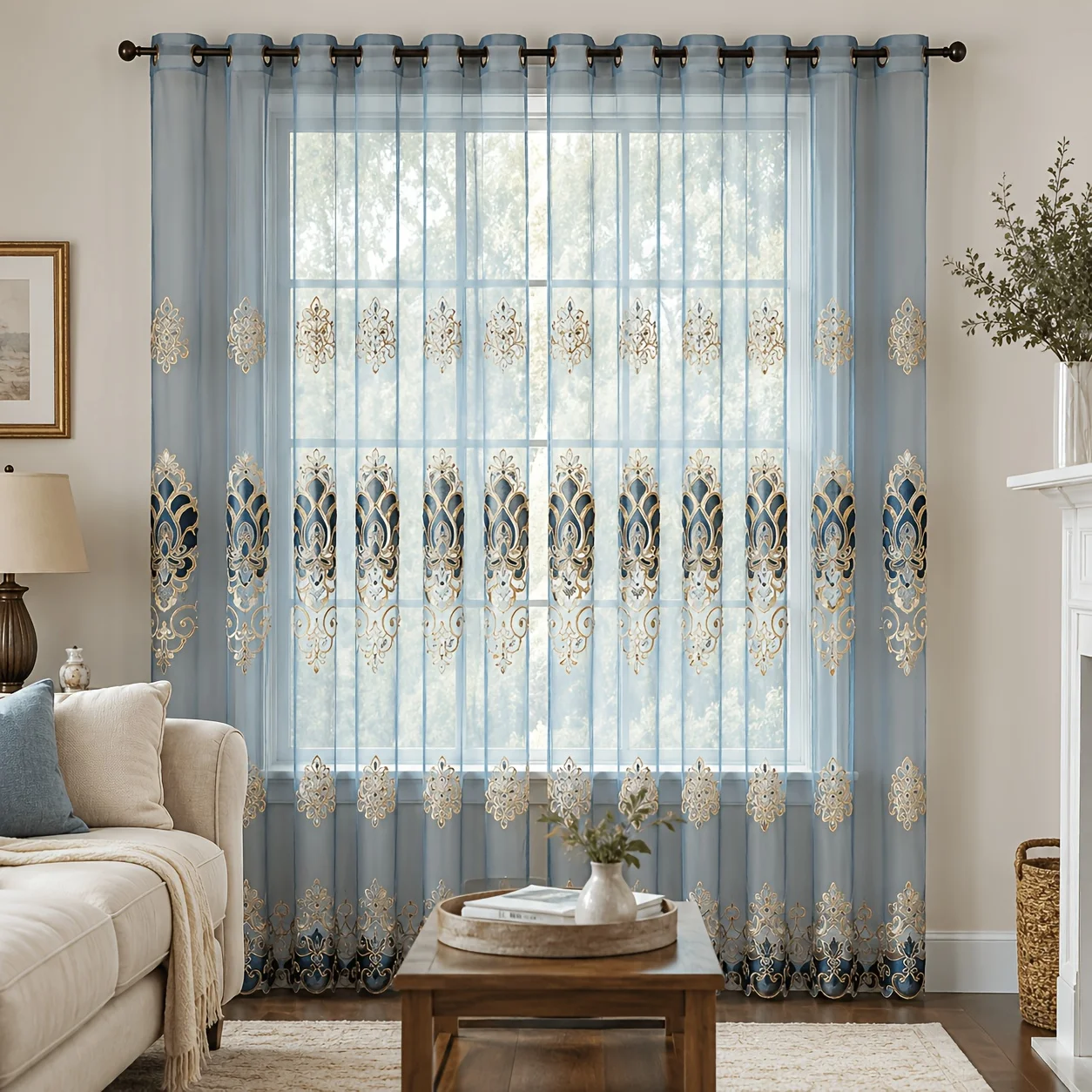 1panel light luxury vintage-style segmented embroidered sheer curtain, ring hanging, suitable for living room, bedroom, dining r