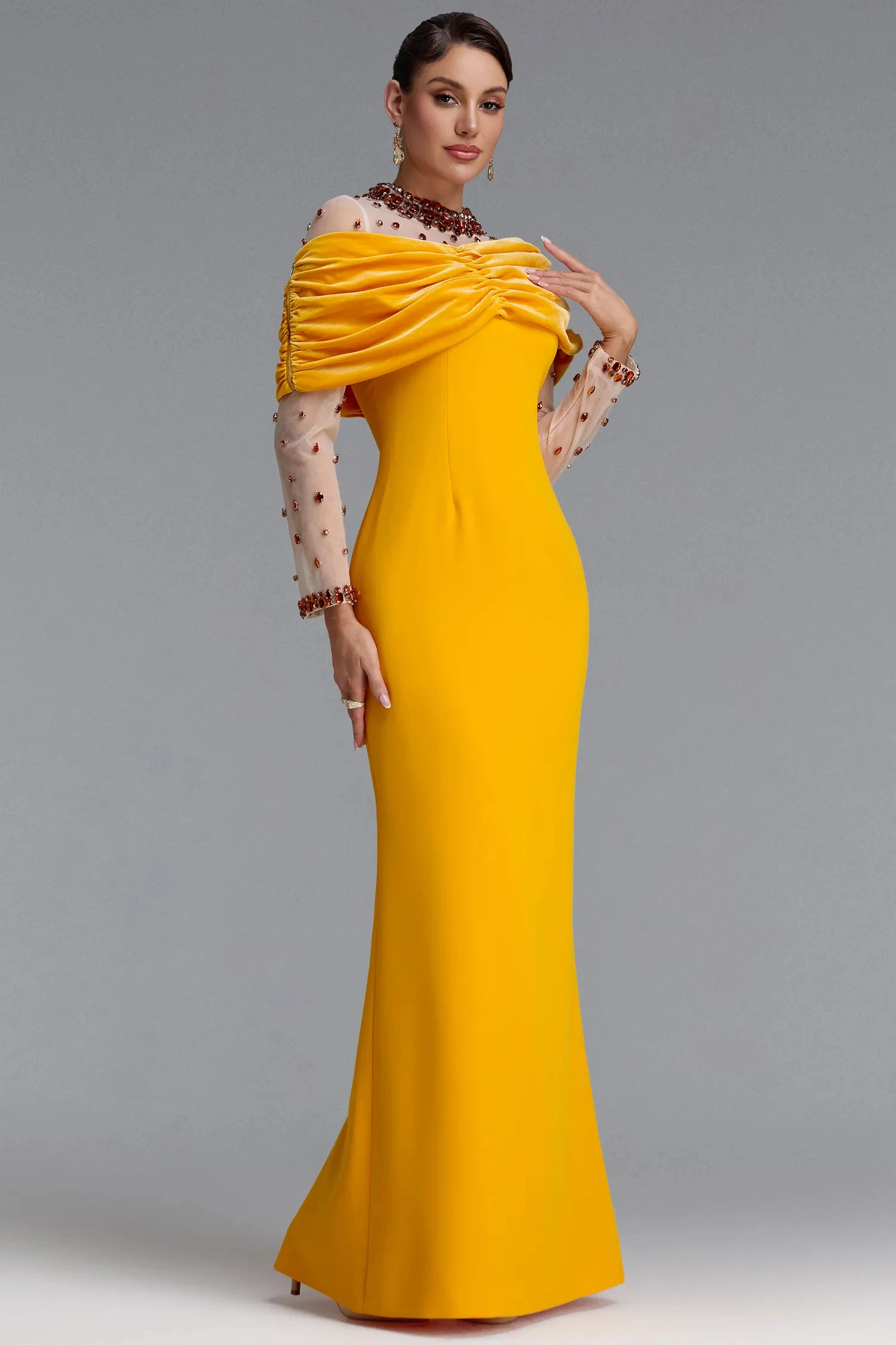 Aunber Light Orange Mermaid Evening Dresses Chest Sheer with Rhinestones Off the Shoulder Back Slit Sweep Train Prom Party Gowns