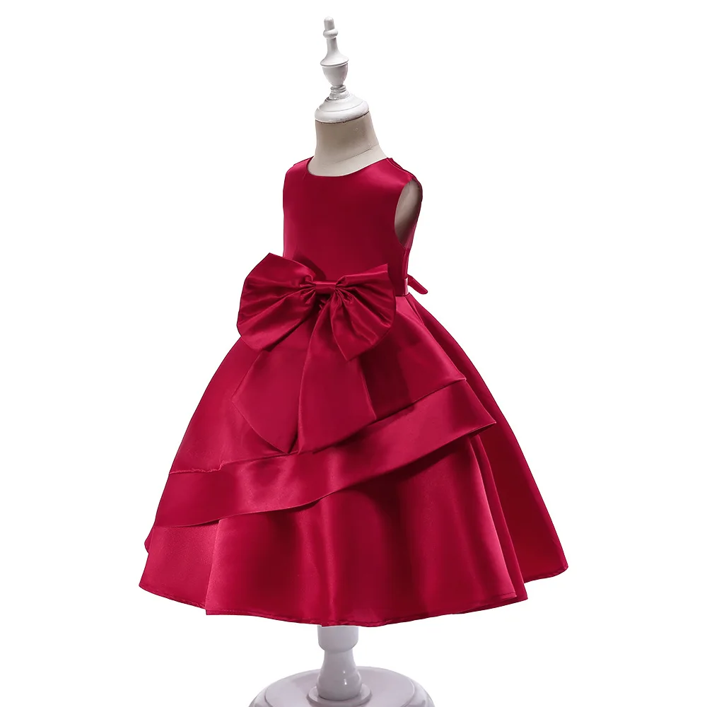 Dress For Girls Princess Girls Dresses Bow Red Solid Sleeveless Short Formal Party Summer Costume Kids Clothes Children Clothing