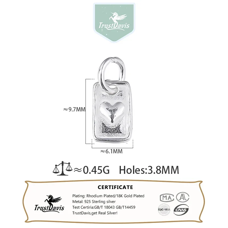 TrustDavis Real 925 Sterling Silver Double-sided Heart Rectangular Pendant Handmade DIY Necklace Accessories Fine Jewelry DZ1595