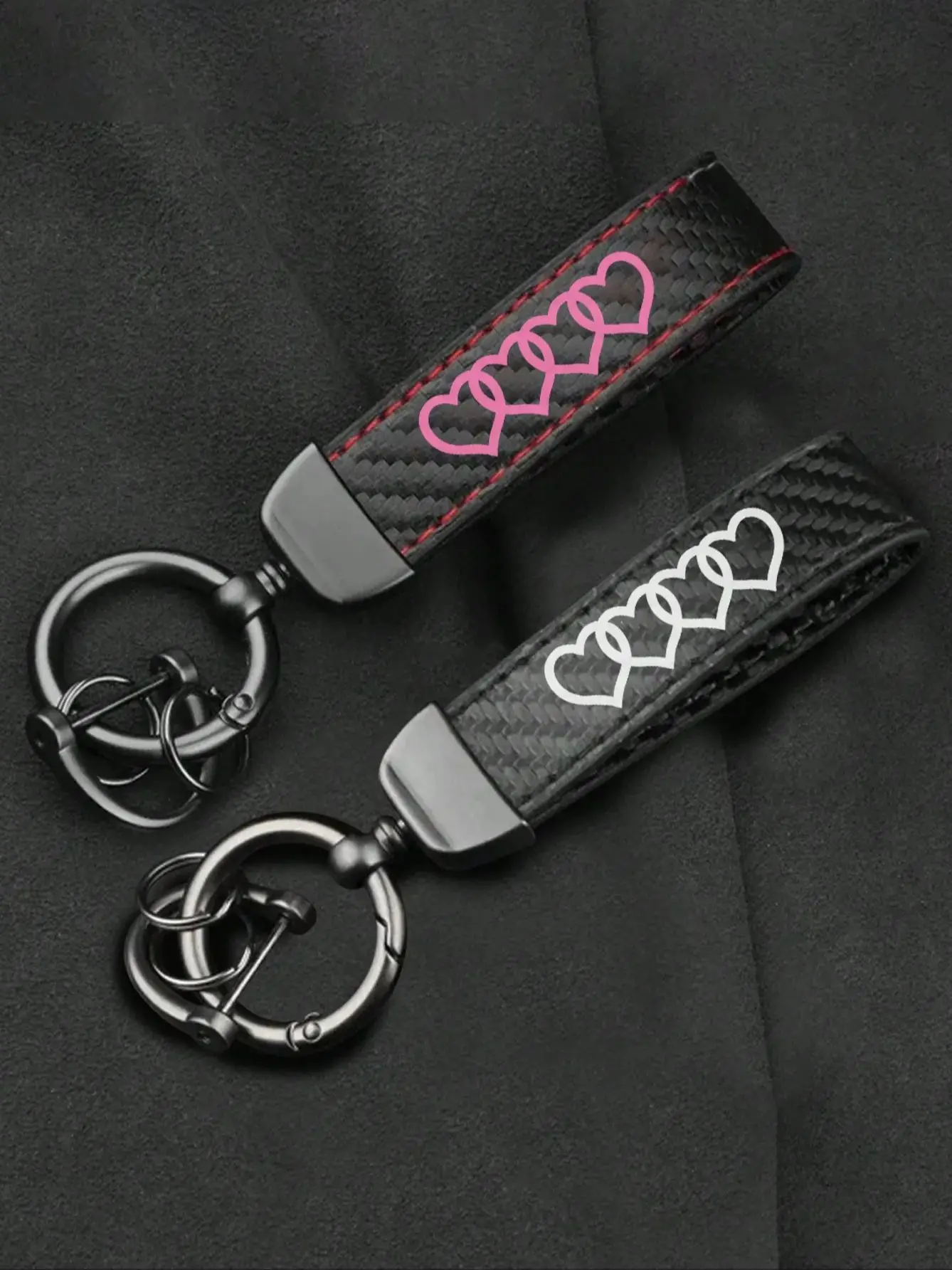 Heart Pattern Carbon Fiber Car Keychain, Leather Key Strap with Metal Ring, Car Accessories for Women