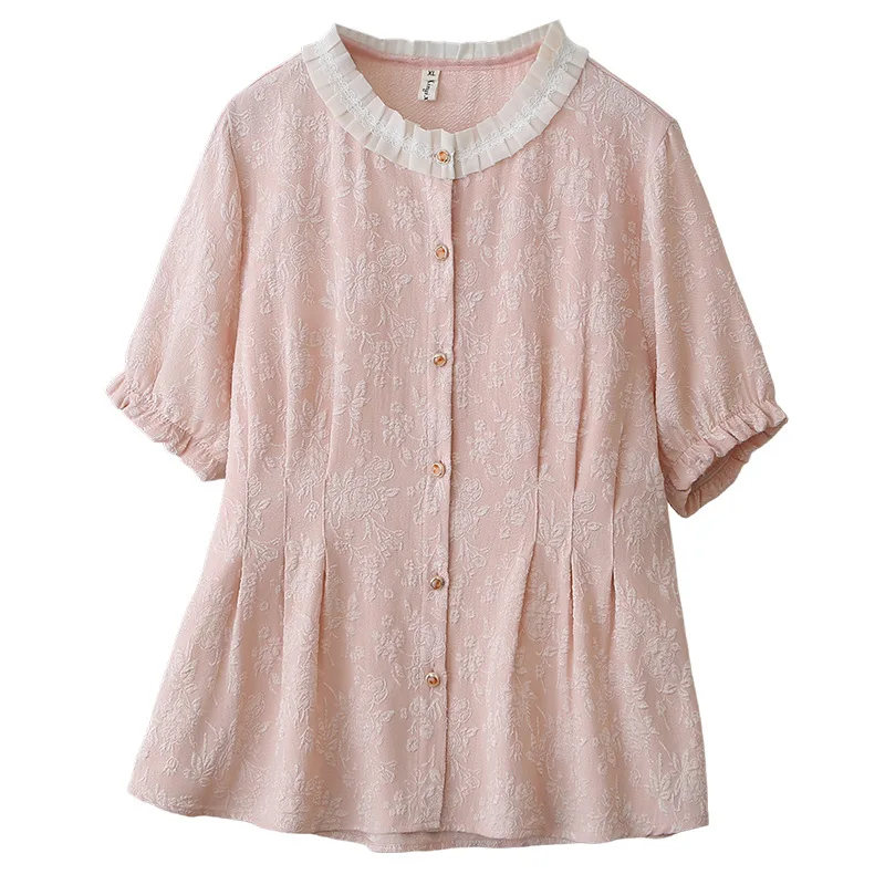 

Летний жаккардовый кардиган-рубашка больших размеров 2026 с коротким рукавом, оборками на талии, приталенный крой, для пышных женщин # 1219