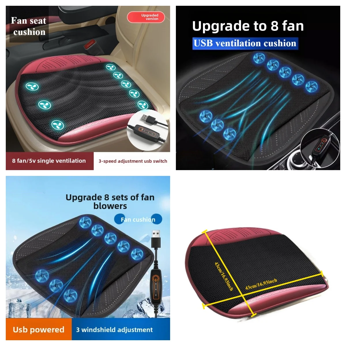 

Летняя автомобильная охлаждающая подушка для сиденья USB 8, вентиляторы — вентиляционная подушка для грузовика и домашнего использования, дышащий сетчатый коврик для сиденья с защитой от пота ‌
