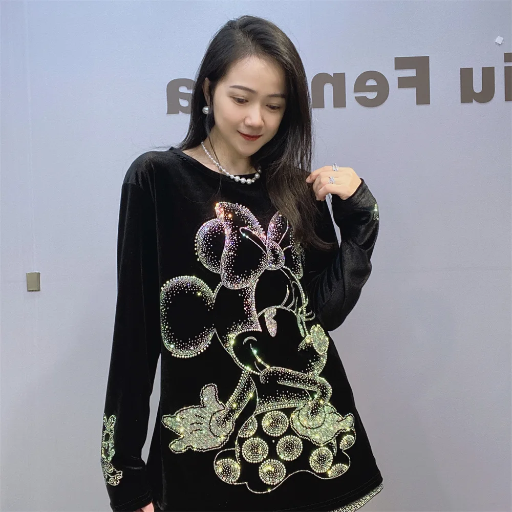 Autumn Winter New Round Neck Pullover Gold Velvet Long-sleeved Top Women Loose Cartoon Diamond-encrusted Black Bottoming Shirt