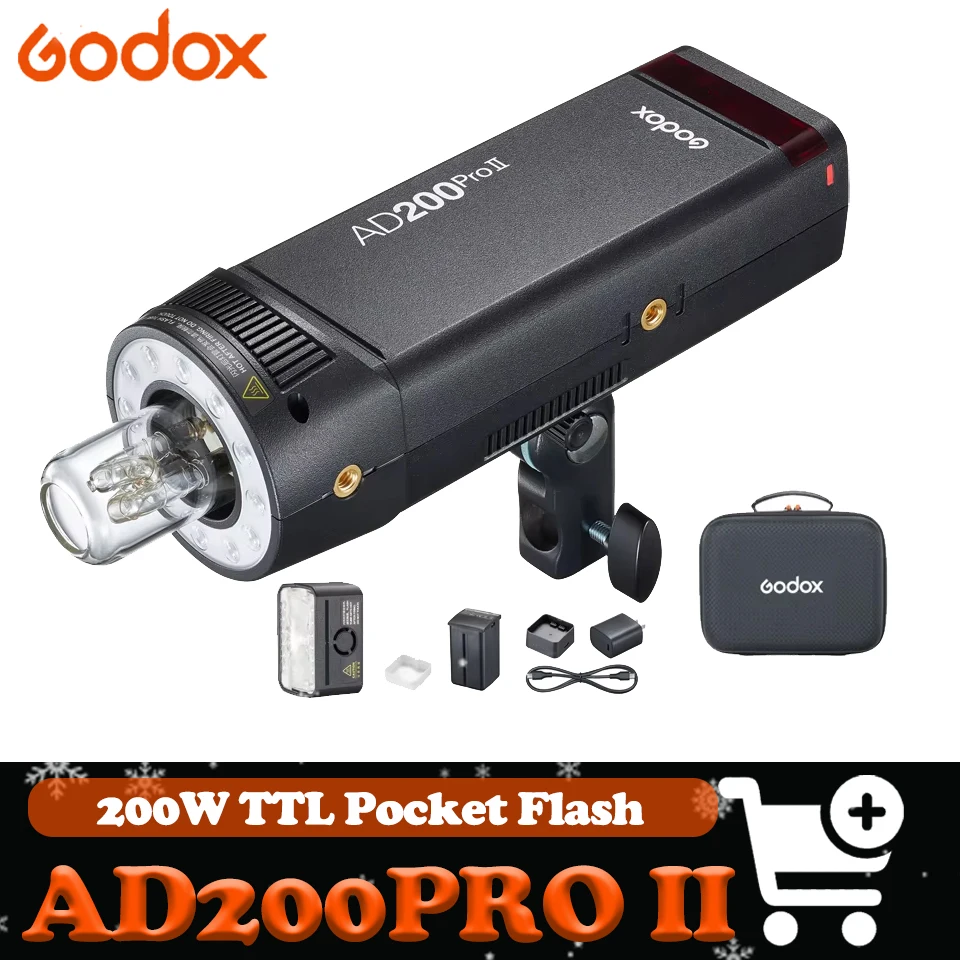 Godox AD200Pro II 200Ws TTL Pocket Flash 2.4G TTL 1/8000s HSS Monolight 0.01-1.8s Recycle with Improved Heat Dissipation