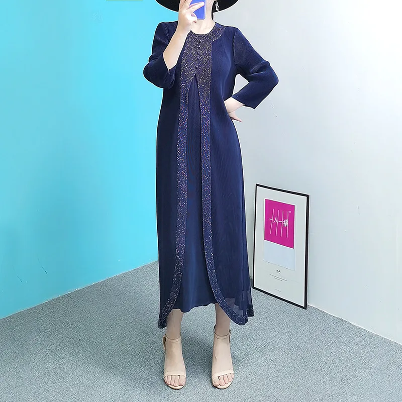 

Miyake Pleated Dress 2025 Summer New Plisse Fold Foiled Mesh Splicing Fake Two Piece Pleat Long Pleats Dresses Women Clothing