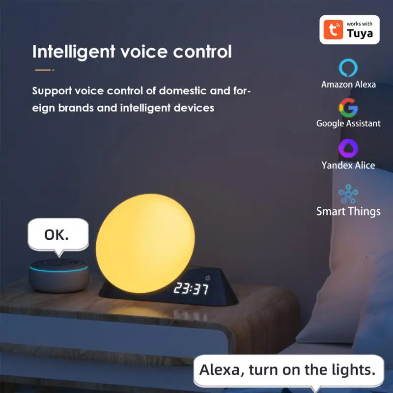 

Tuya WiFi Smart Wake Up Light с будильником RGBW Светодиодный ночник Smartlife Control Работа с Alexa Home Яндекс