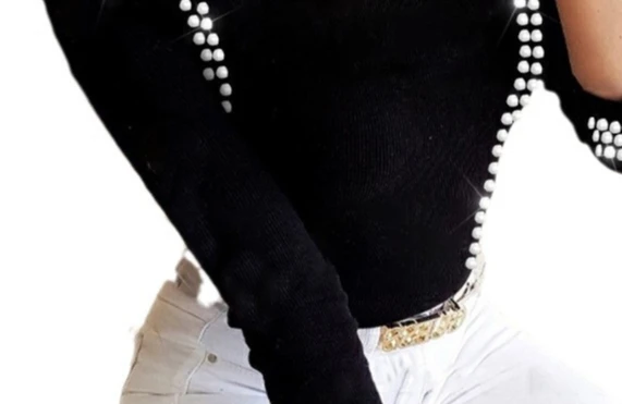 Abbigliamento da donna primavera estate Camicetta cava a maniche lunghe Rheinstone O collo sexy