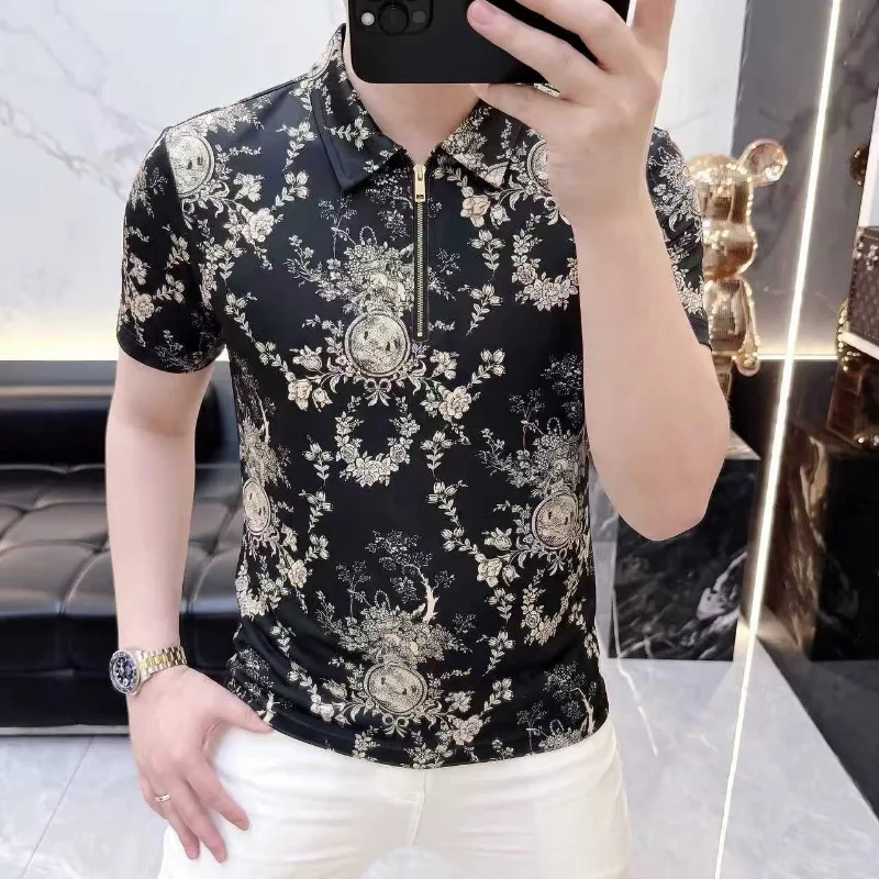 2026 Summer Retro Jacquard Polo Shirt Men's Half Zipper Ice Silk Breathable Casual Business T-shirt Streetwear Men Clothing