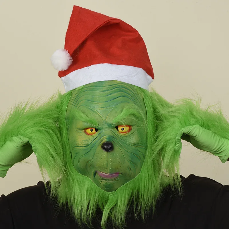 Merry Christmas The Christmas Thief Cosplay Prop Grinch Eco Latex Maks Red Santa Claus Hat Green Shaggy Gloves Xmas Headwear Set