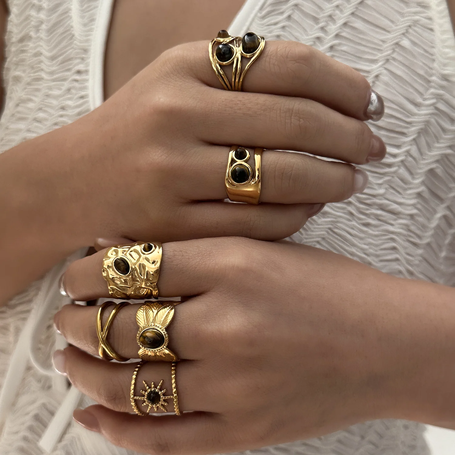 Vintage Edelstahl-Ringe mit Braunem Naturstein für Damen und Herren, Vergoldete Ovale Geometrische Stapelringe, Wasserfester Schmuck – Detail 2
