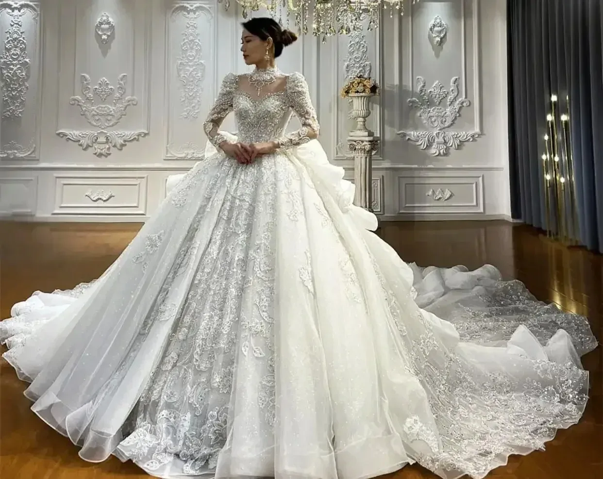 

Custom Luxury Crystal Beaded Handmade Wedding Dress Ruffle Lace Cathedral Train customized Bridal Dress vestido de novia robe