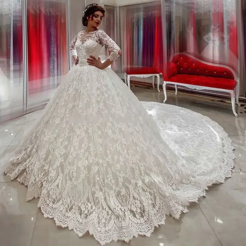 Özelleştirilmiş Dantel Aplikler Balo Elbisesi Robe De Mariée 2025 Gelinlik Katedrali Tren Uzun Kollu Illusion Geri Gelin Kıyafeti