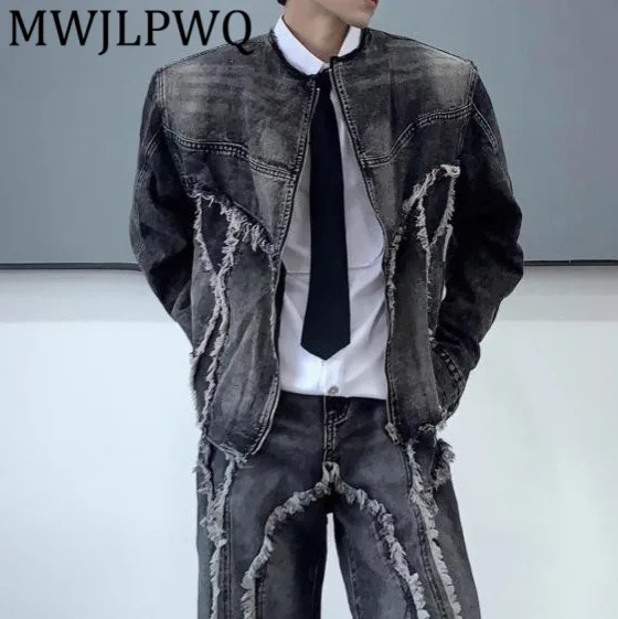 

MWJLPWQ Новая нишевая винтажная джинсовая куртка в американском стиле с потертыми краями, расклешенные джинсы в стиле пэчворк, мужской модный комплект 21242