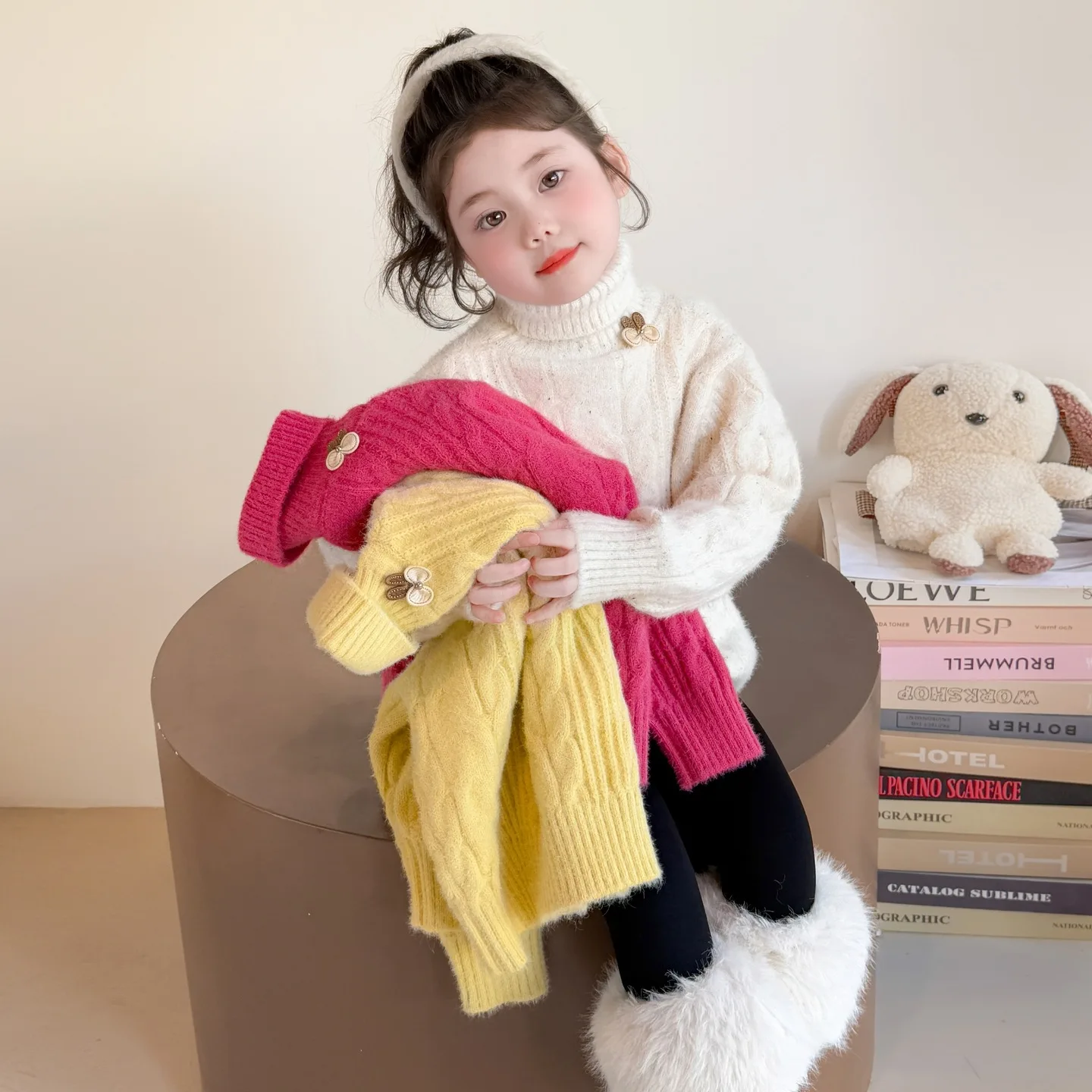 

UNITIM свитер для маленьких девочек с бантом, жаккардовый толстый теплый детский водолазка для маленьких девочек, трикотаж, зимние пуловеры ярких цветов для маленьких девочек