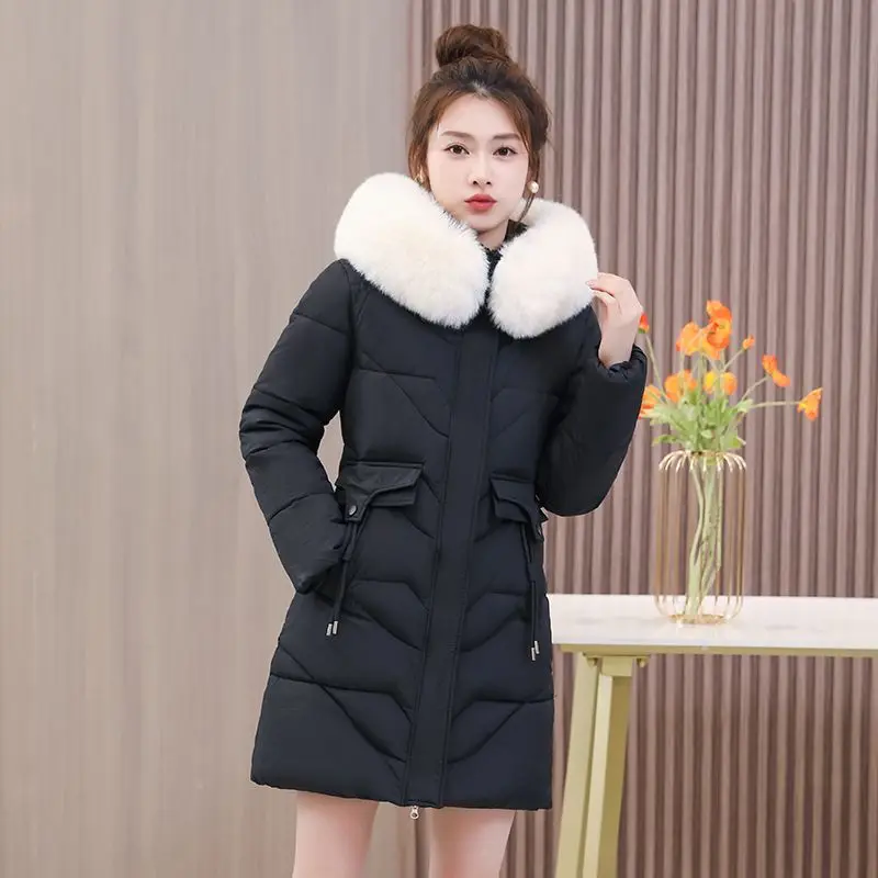 2023 Autumn Winter Fur Collar Long Parkas Mujer Thick Warm Down Cotton Padded Jacket Women Casual Hoodies Coat Female