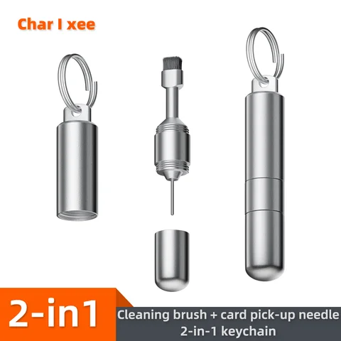 2 in 1 SIM Card Tray Removal Tool Portable Mini Keychain Eject Pins EDC Aluminum Alloy Earphone Cleaning Brush Headphone