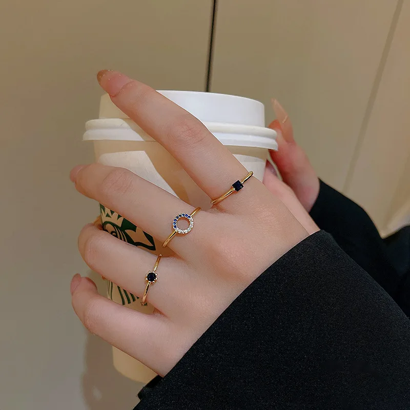 3 Pieces/set Korean Fashion Blue Crystal Exquisite Adjustable Ring for Women Ins Style Diy with Knuckle Ring Girls Jewelry Gift