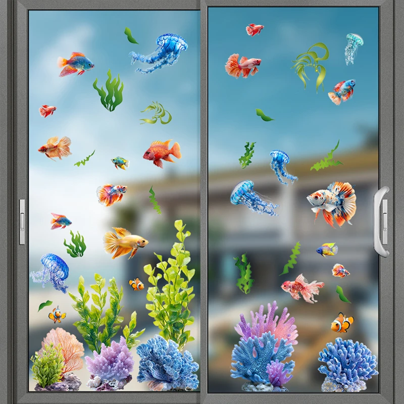 Underwater World Seagrass Goldfish Jellyfish Vinyl Glass Stickers for Home Decoration Room Wall Door Window Electrostatic Decals