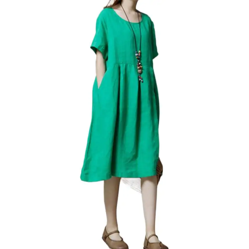 

Summer Dress Casual 2024 Women Loose Long Vintage Dress Cotton Linen Short Sleeve Feminos Clothes Vestido Green Y2k Clothes