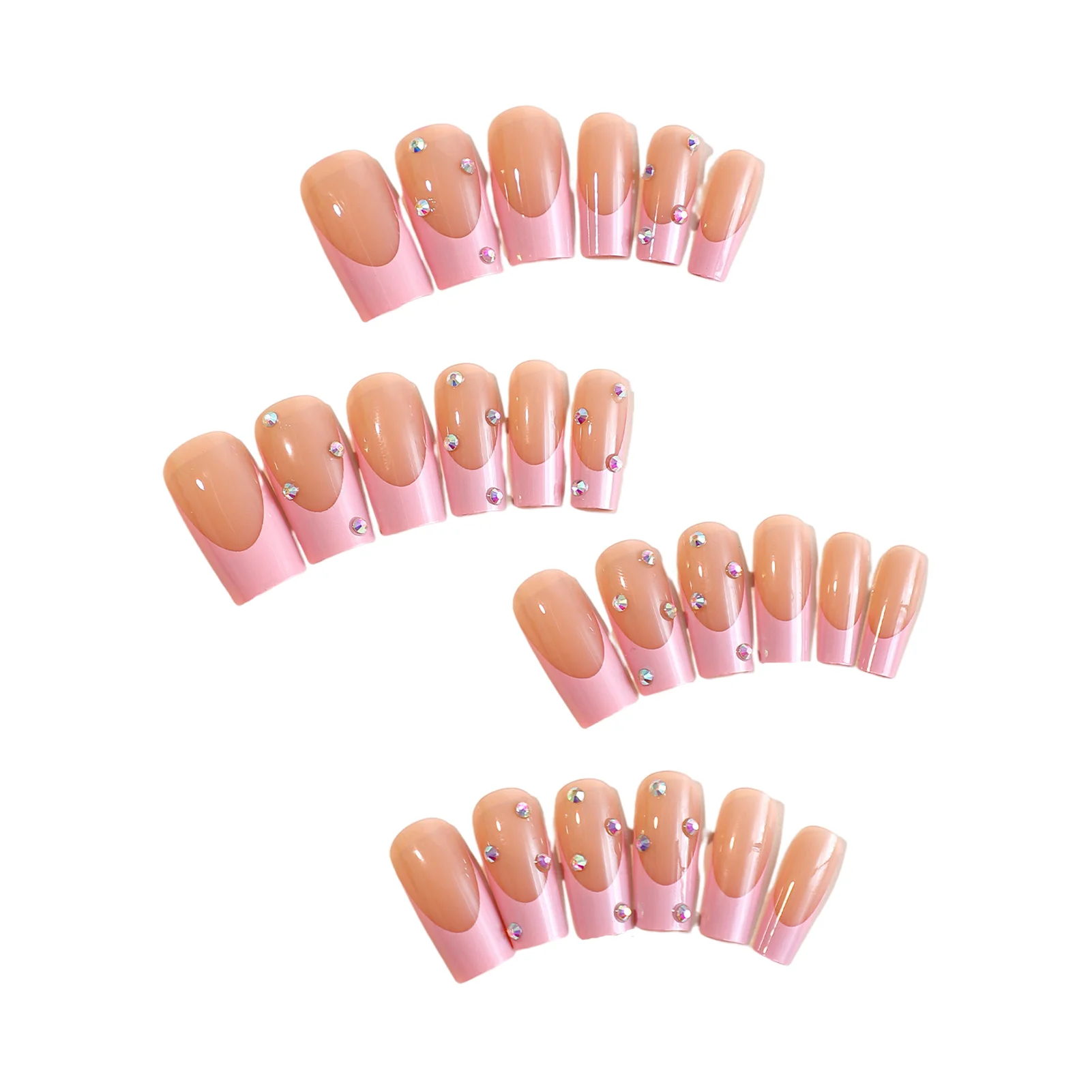 Pink Tips Sqaure Fake Nails Glossy Long Square Reusable Stick-on Nails for Sweet Girl Dress Matching