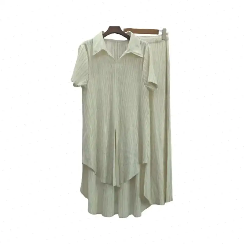 Two Piece Pant Sets Women Solid Shirt Loose Wide Leg Pants Folds Short Sleeve Shirts Lady Elegant Casual Suit Summer 2025