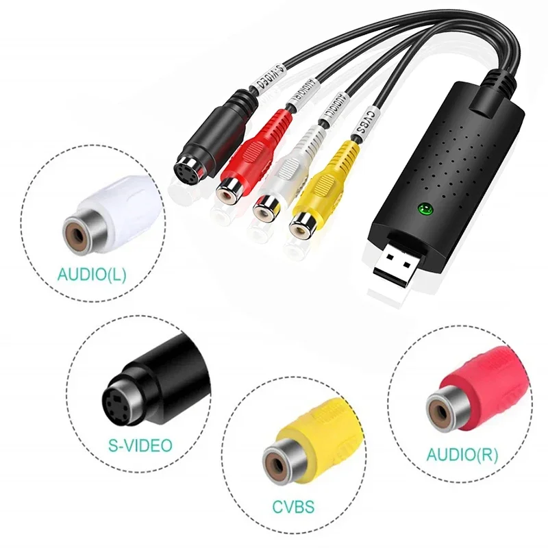 Adaptador de placa de captura de áudio e vídeo USB com cabo USB Conversor de captura de vídeo USB 2.0 para RCA para dispositivo de captura TV DVD VHS