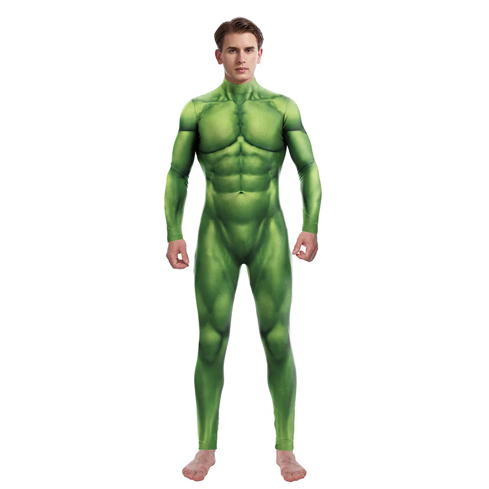 Women Men 3D Green Muscle Print Skinny Jumpsuit Wear Onesie Cosplay Giant Costume Elastic Bodysuits Holiday Party Halloween