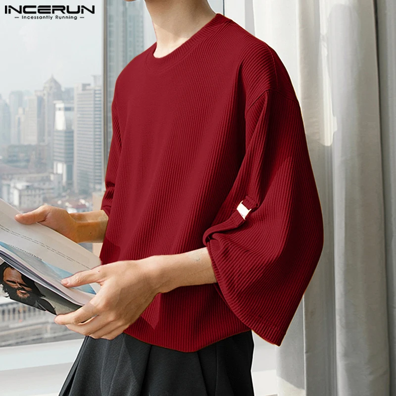 

INCERUN Men T Shirt Solid Color O-neck 3/4 Sleeve Loose Knitted Male Tee Tops Streetwear 2025 Fashion Casual Men Clothing S-5XL
