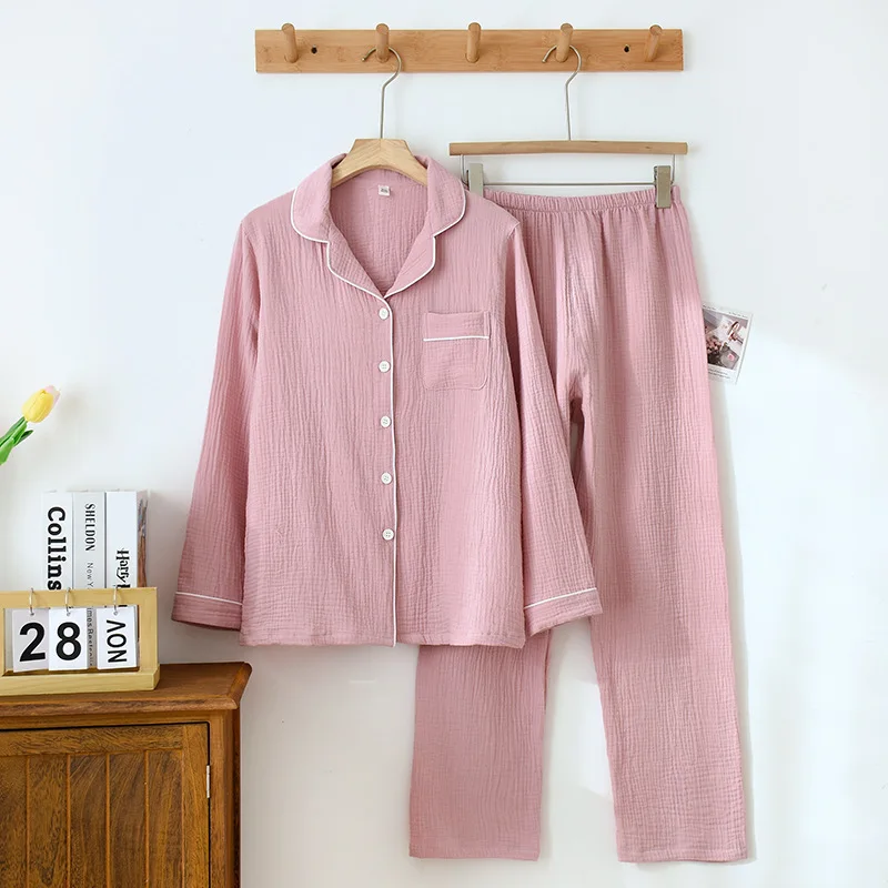 

Ultra-Soft Solid Pajama Set For Couple Quick Dry Light-Weight Sleepwear Homewear Long-Sleeve Lapel Top Wtih Pocket And Long Pant