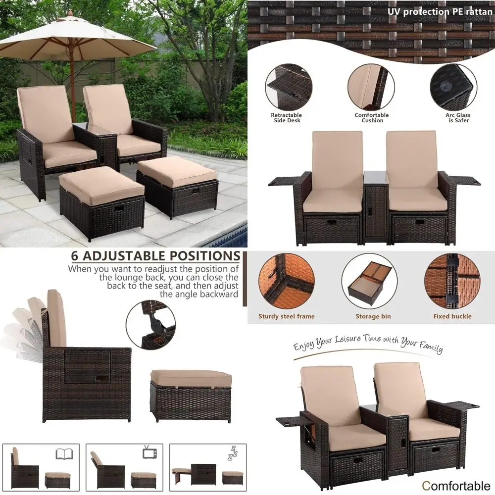 

Outdoor Patio Furniture Set: Wicker Loveseat Sofa, Adjustable Backrest, Coffee Table, Ottoman, Rattan Lounge Chair