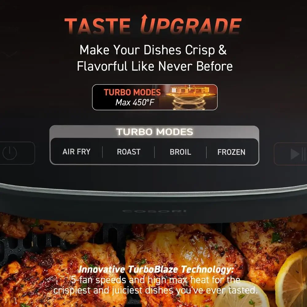 9-in-1 Air Fryer Compact 6-Qt TurboBlaze Technology Even Cooking Temperature Control 95% Less Oil Fast Cooking Whisper-Quiet