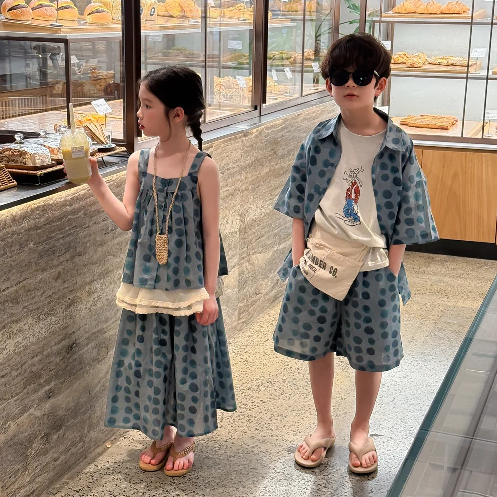 

Summer Siblings Attire Baby Boy Dot Print Polo Shirt+loose Shorts Outfit Sleeveless Top Soft Long Skirt Suit Brother Sister Look