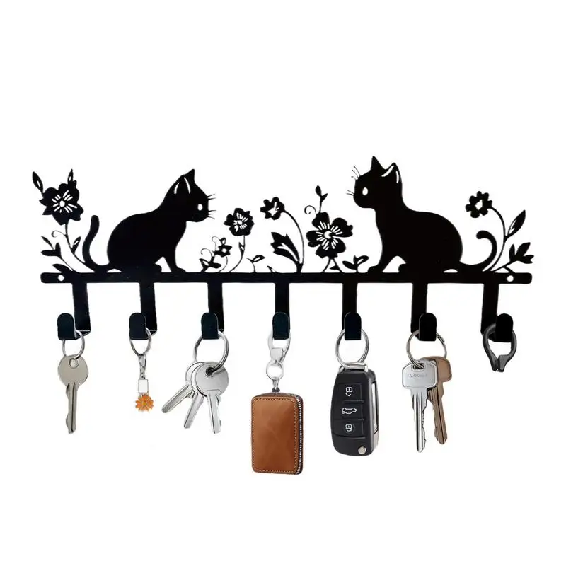 Cat Key Holder Flower Cat Key Rack with Hooks Iron Key Hooks Coat Towel Rack Wall Decorative for Entryway Doorway Hallway Garage