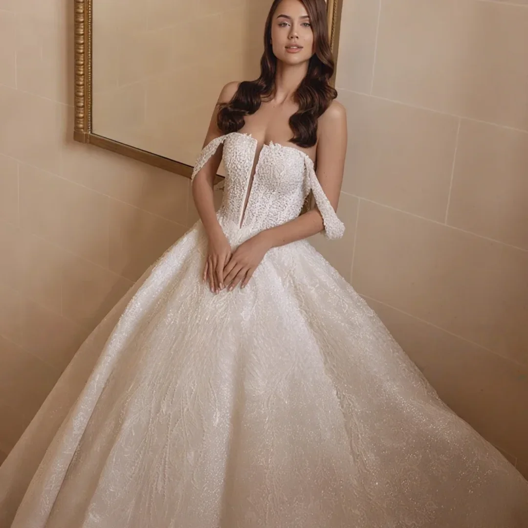 

Customized Sweetheart Off Shoulder Ball Gown Wedding Dresses Beading Appliques Train Princess Bridal Gown Vestido De Novia