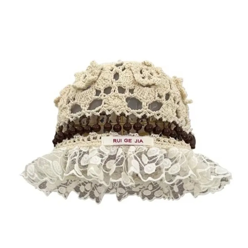 

Sweet Handmade Crochet Bucket Hat Summer Hollow Beads Knitted Hat Flower Ruffles Weave Basin Caps Outdoor