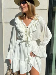 Elegant Deep V-neck Puff Sleeve Dress for Women Fashion Bodycon Soild White Streetwear Female Mini Dresses Party Nightclub